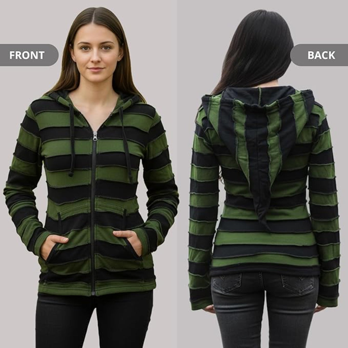 Women's Embroidered Stripe Jacket Hippie Cotton Ribbed Pixie Hoodie