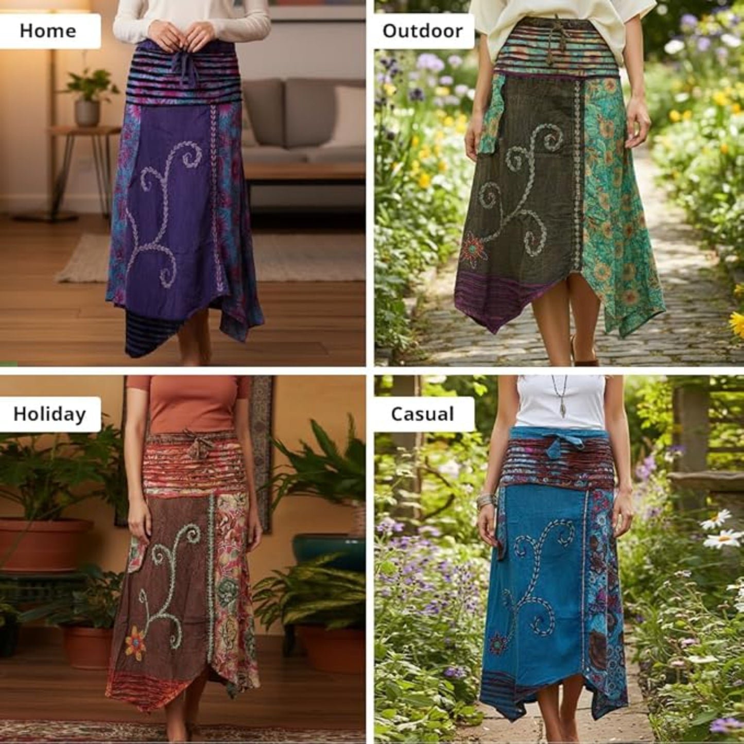 Women's Floral Embroidered Elasticated Waist Hippie Cotton Festival Long Skirt
