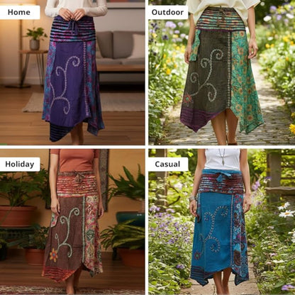 Women's Floral Embroidered Elasticated Waist Hippie Cotton Festival Long Skirt