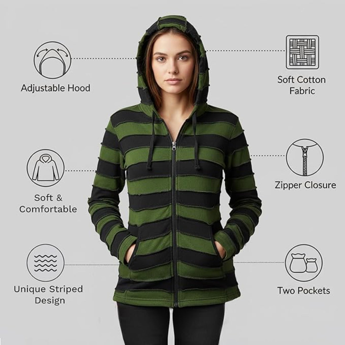 Women's Embroidered Stripe Jacket Hippie Cotton Ribbed Pixie Hoodie