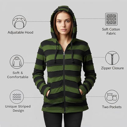Women's Embroidered Stripe Jacket Hippie Cotton Ribbed Pixie Hoodie
