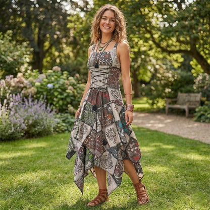 Women's Boho Patchwork Cotton Sleeveless Ethnic Hippy Flowy Festival Summer Dress