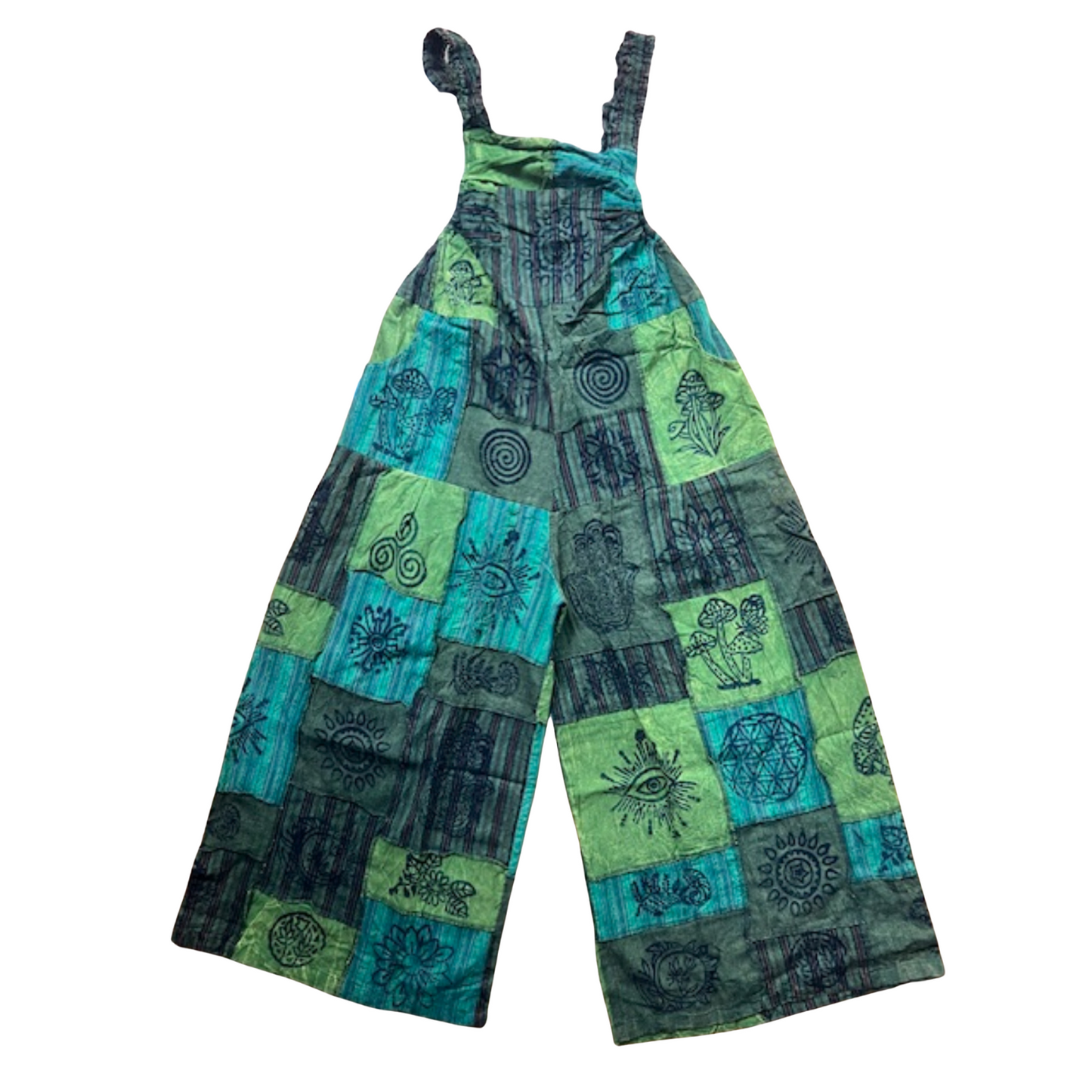 Women’s Cotton Patchwork Mushroom Flower Sun Tribal Print Hippie Summer Dungarees