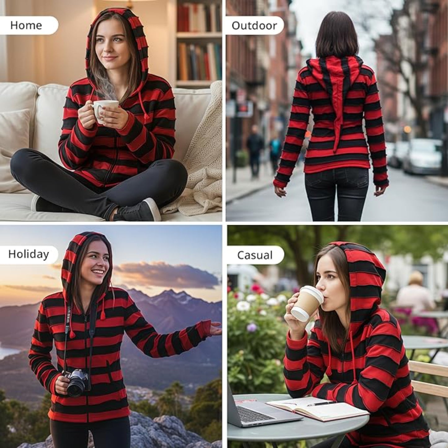 Women's Embroidered Stripe Jacket Hippie Cotton Ribbed Pixie Hoodie