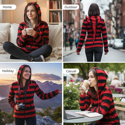 Women's Embroidered Stripe Jacket Hippie Cotton Ribbed Pixie Hoodie