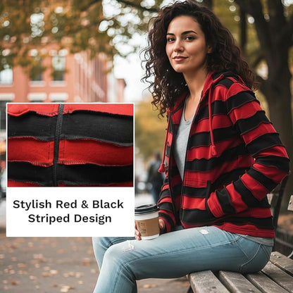 Women's Embroidered Stripe Jacket Hippie Cotton Ribbed Pixie Hoodie
