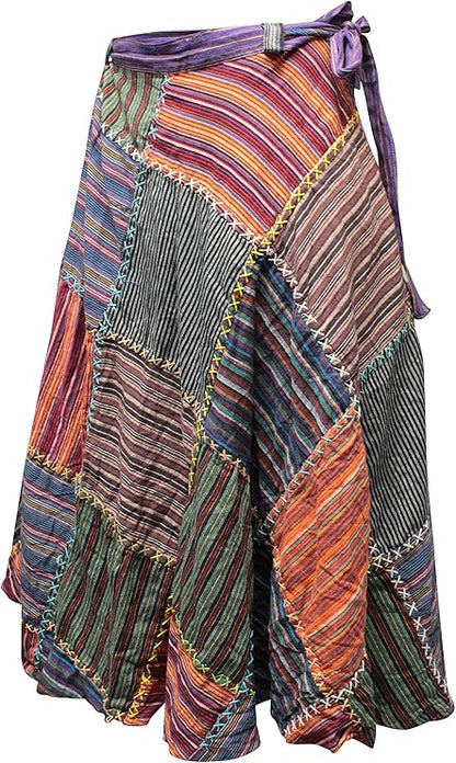 Women Wrap Round Hippie Festival Solid Patchwork Boho Multicoloured Long Skirt