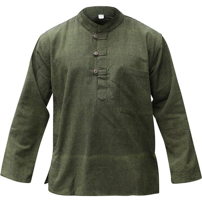 Mens Plain Hemp Band Collar Hippy Summer Light Tops Full Sleeve Grandad Shirt