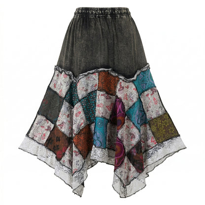Women’s Cotton Boho Patchwork Floral Print Lace Trim Detail Hippie Maxi Skirt