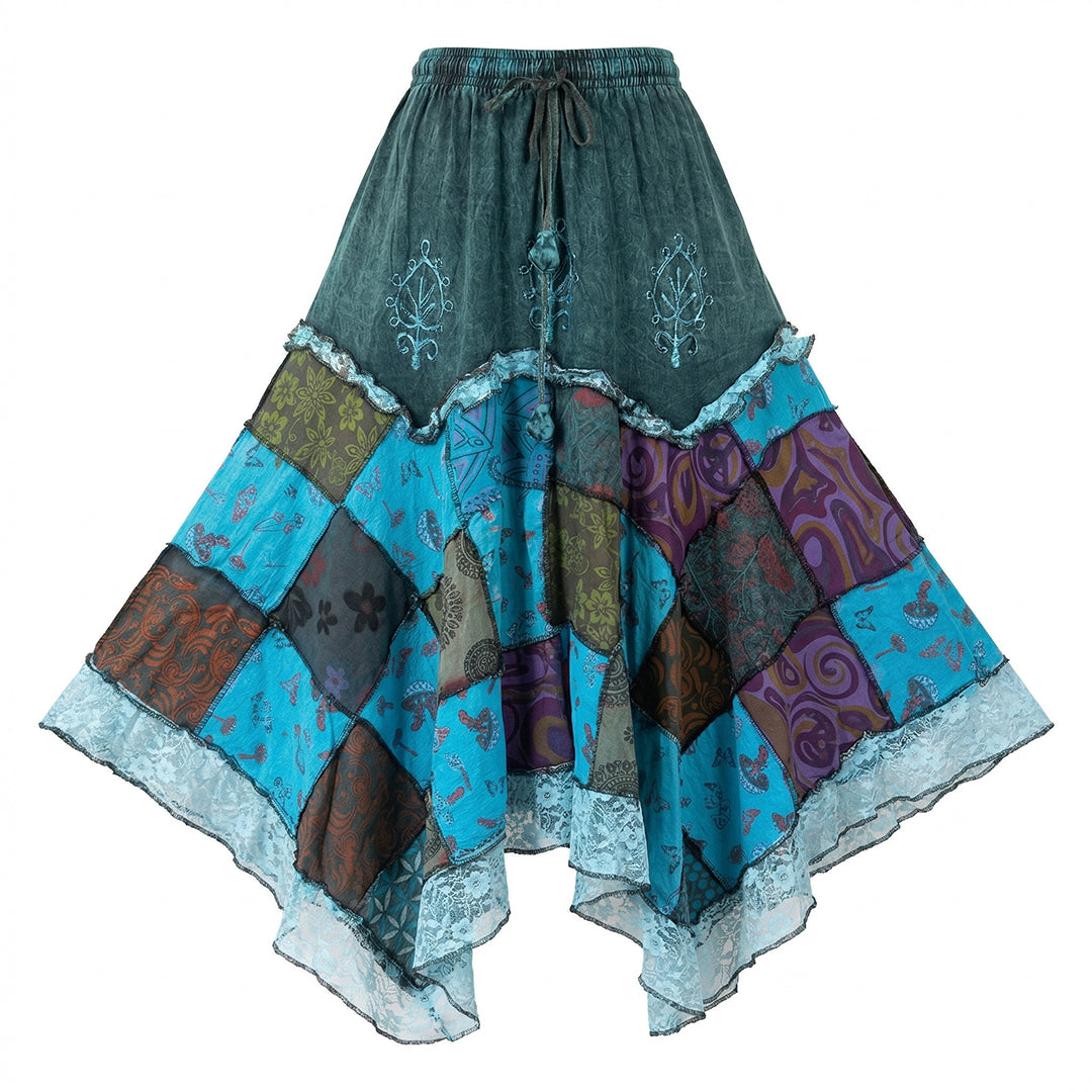 Women’s Cotton Boho Patchwork Floral Print Lace Trim Detail Hippie Maxi Skirt