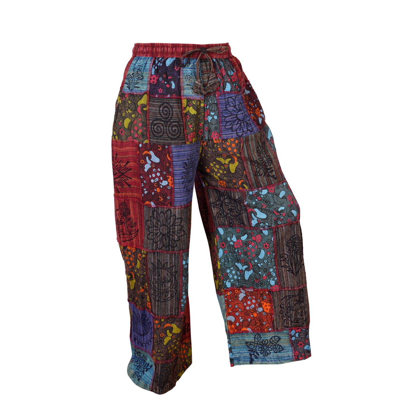 Women's Elastic Waist Boho Floral Patchwork Festival Hippy Cotton Wide Leg Trousers