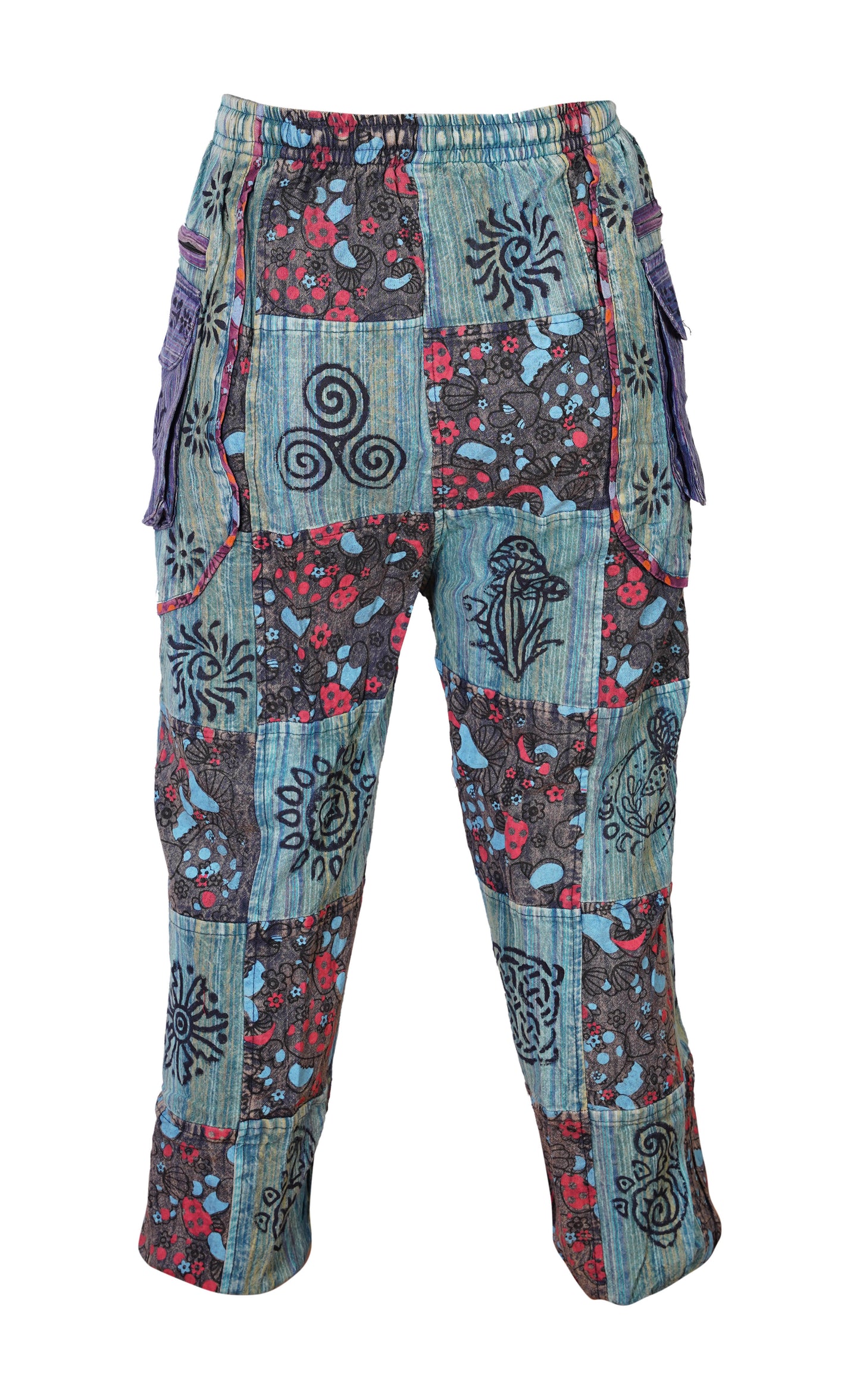 Mens Gothic Patchwork Cargo Trouser Stonewashed Bohemian Cotton Festival Hippy Pants