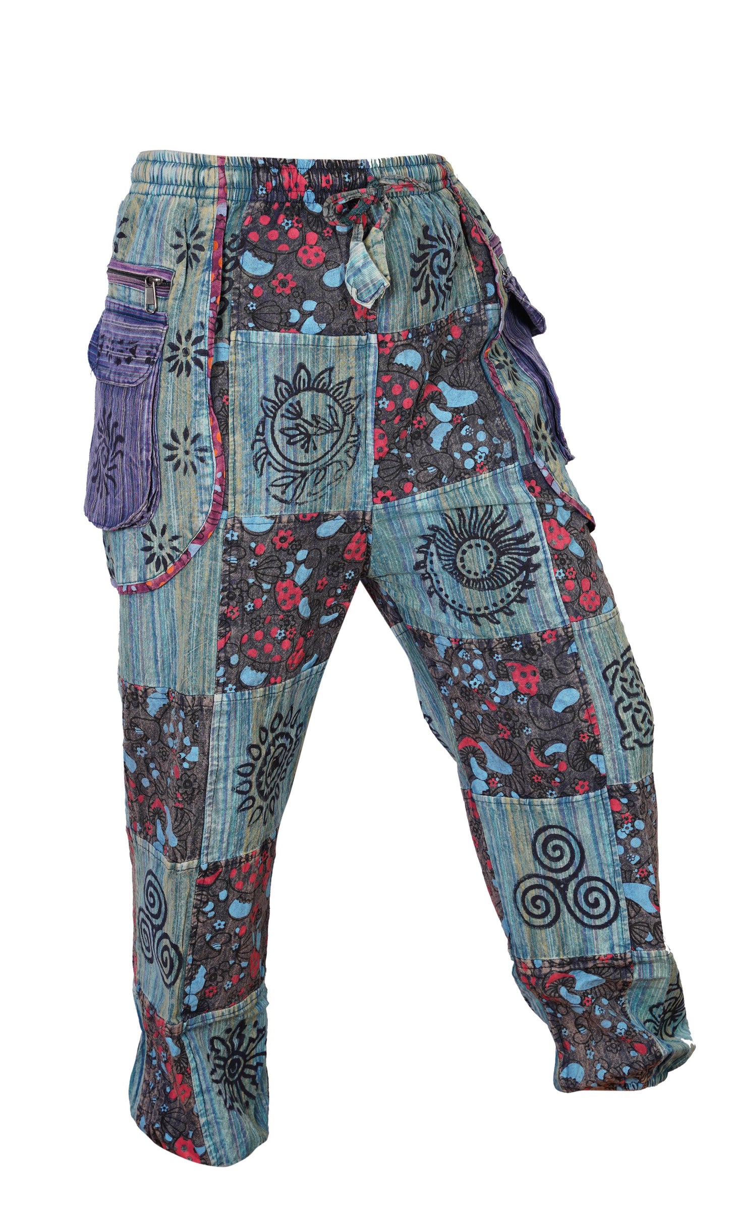 Mens Gothic Patchwork Cargo Trouser Stonewashed Bohemian Cotton Festival Hippy Pants