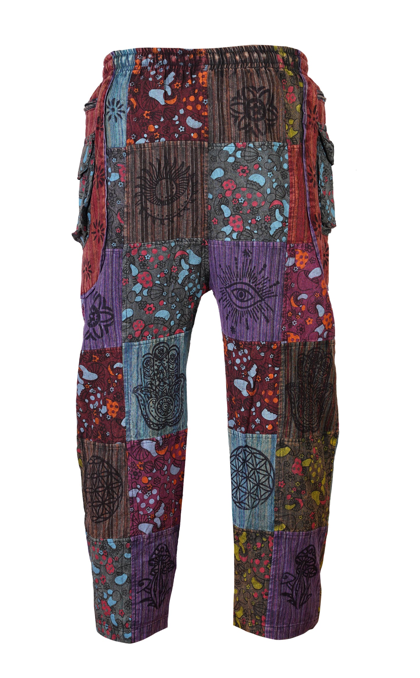 Mens Gothic Patchwork Cargo Trouser Stonewashed Bohemian Cotton Festival Hippy Pants