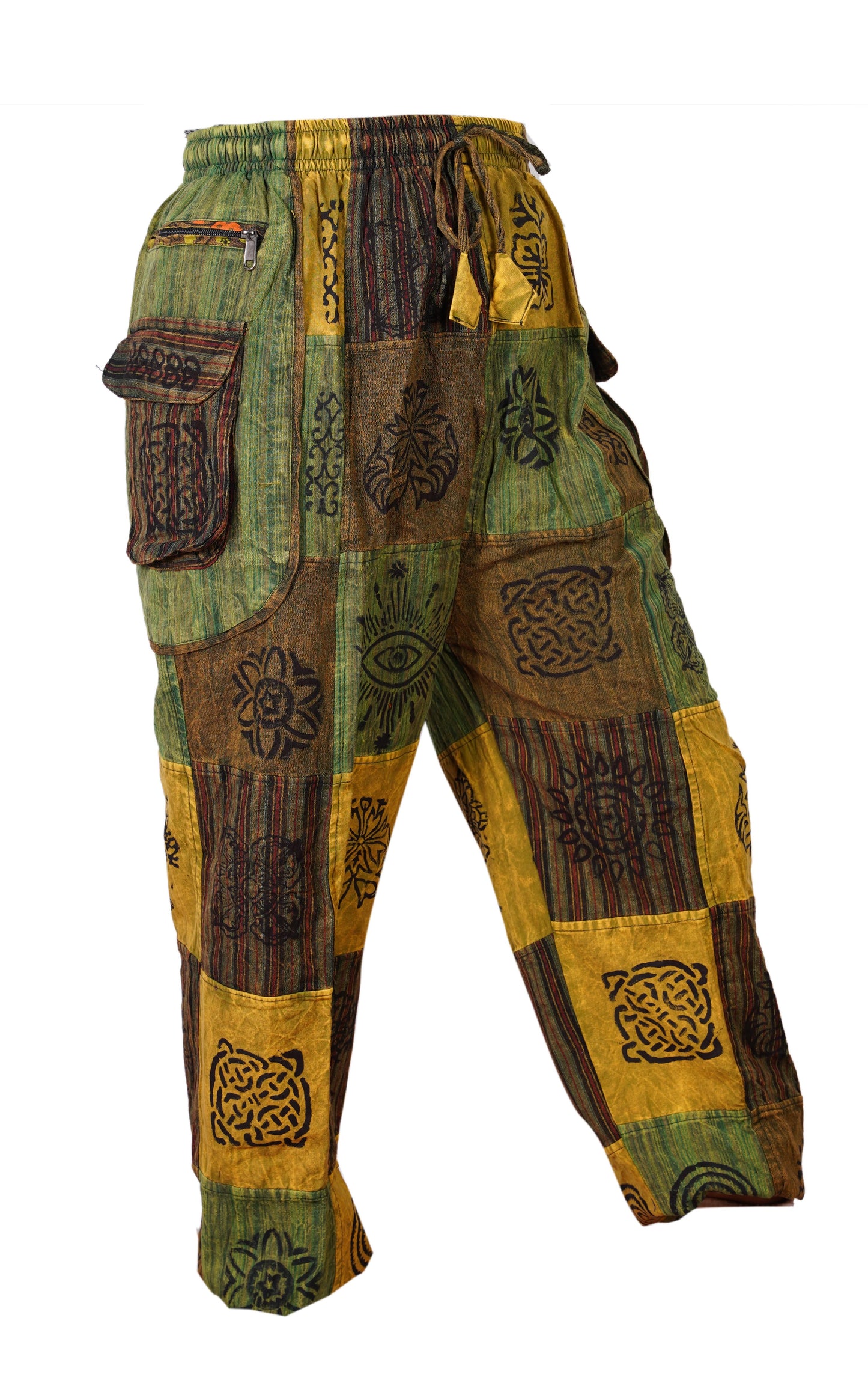 Mens Gothic Patchwork Cargo Trouser Stonewashed Bohemian Cotton Festival Hippy Pants