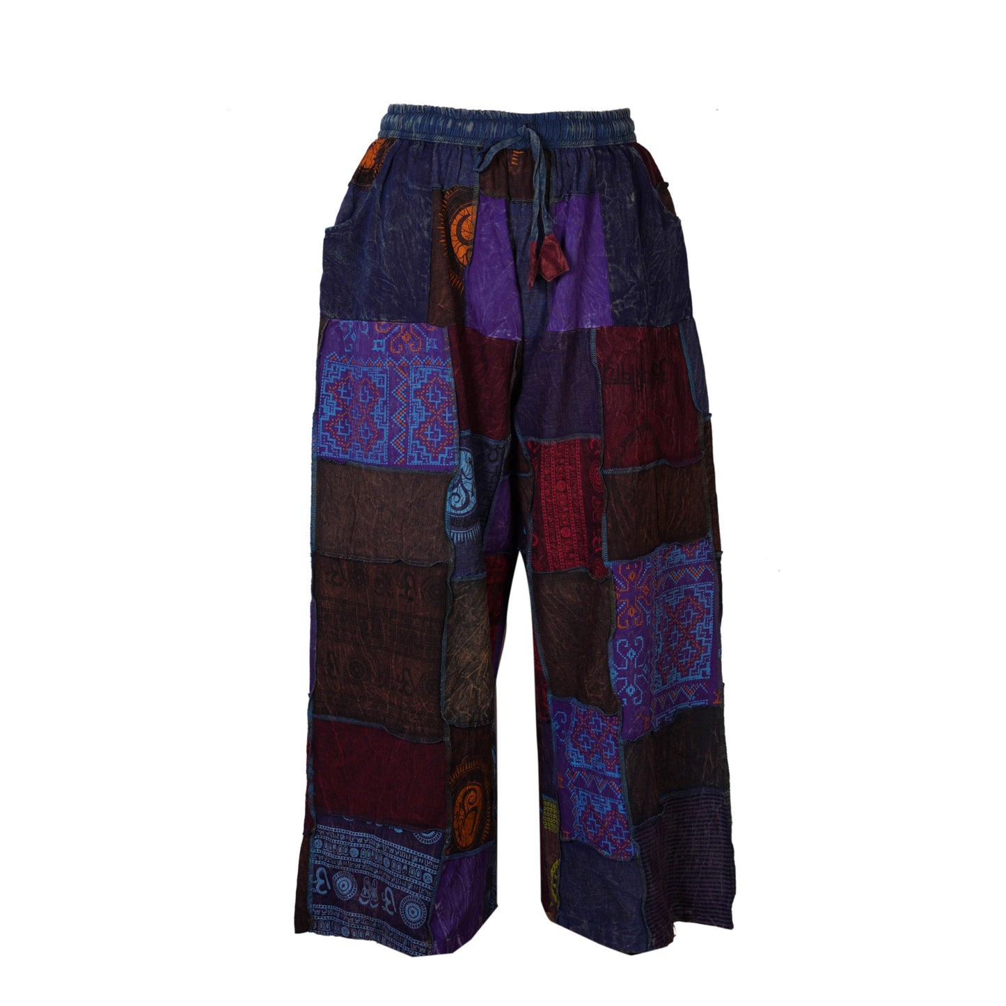 Women's Elastic Waist Boho Floral Patchwork Festival Hippy Cotton Wide Leg Trousers