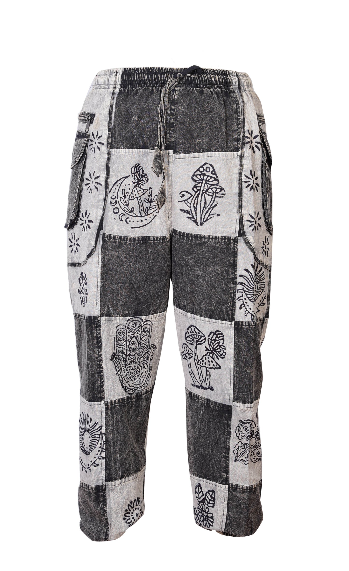 Mens Gothic Patchwork Cargo Trouser Stonewashed Bohemian Cotton Festival Hippy Pants