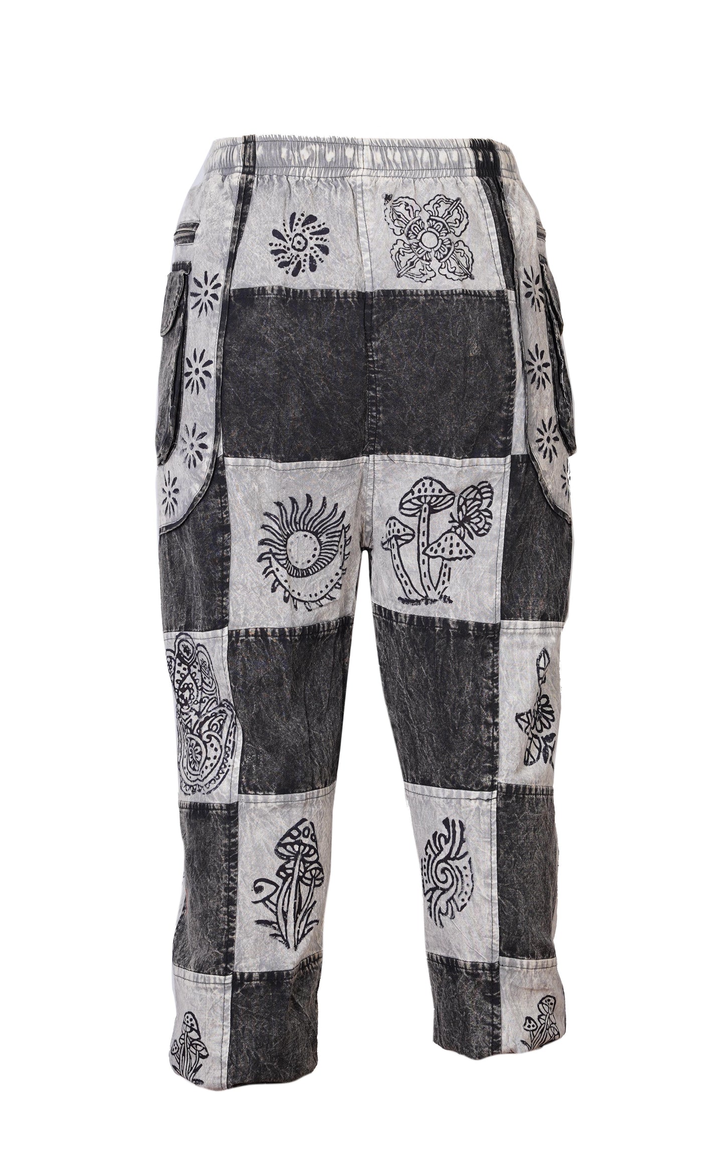 Mens Gothic Patchwork Cargo Trouser Stonewashed Bohemian Cotton Festival Hippy Pants