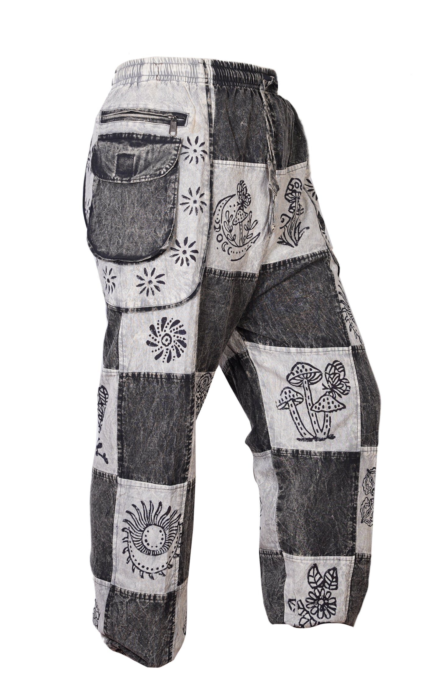 Mens Gothic Patchwork Cargo Trouser Stonewashed Bohemian Cotton Festival Hippy Pants