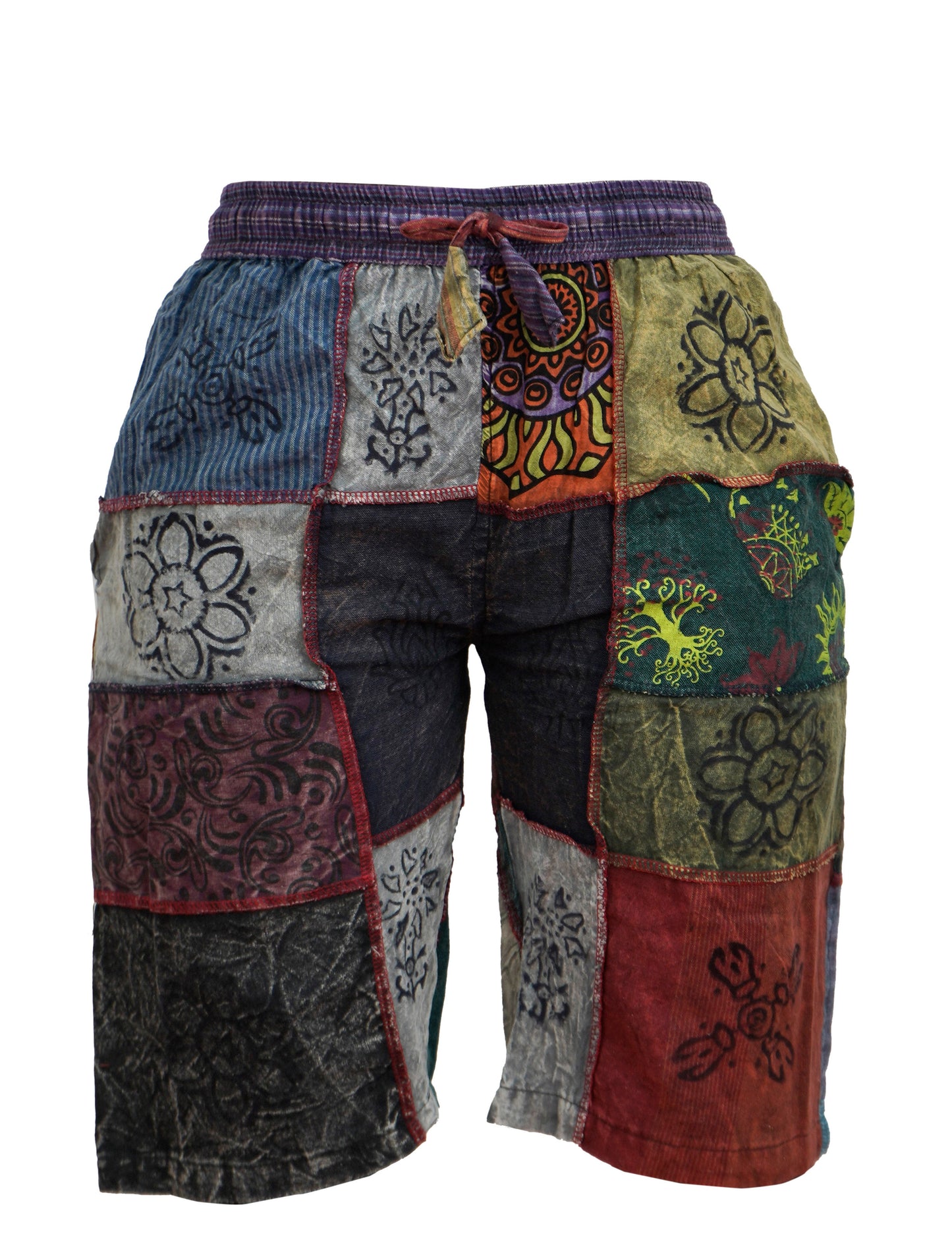Mens Patchwork Elasticated Waist Boho Festival Pants Cotton Hippie Summer Shorts