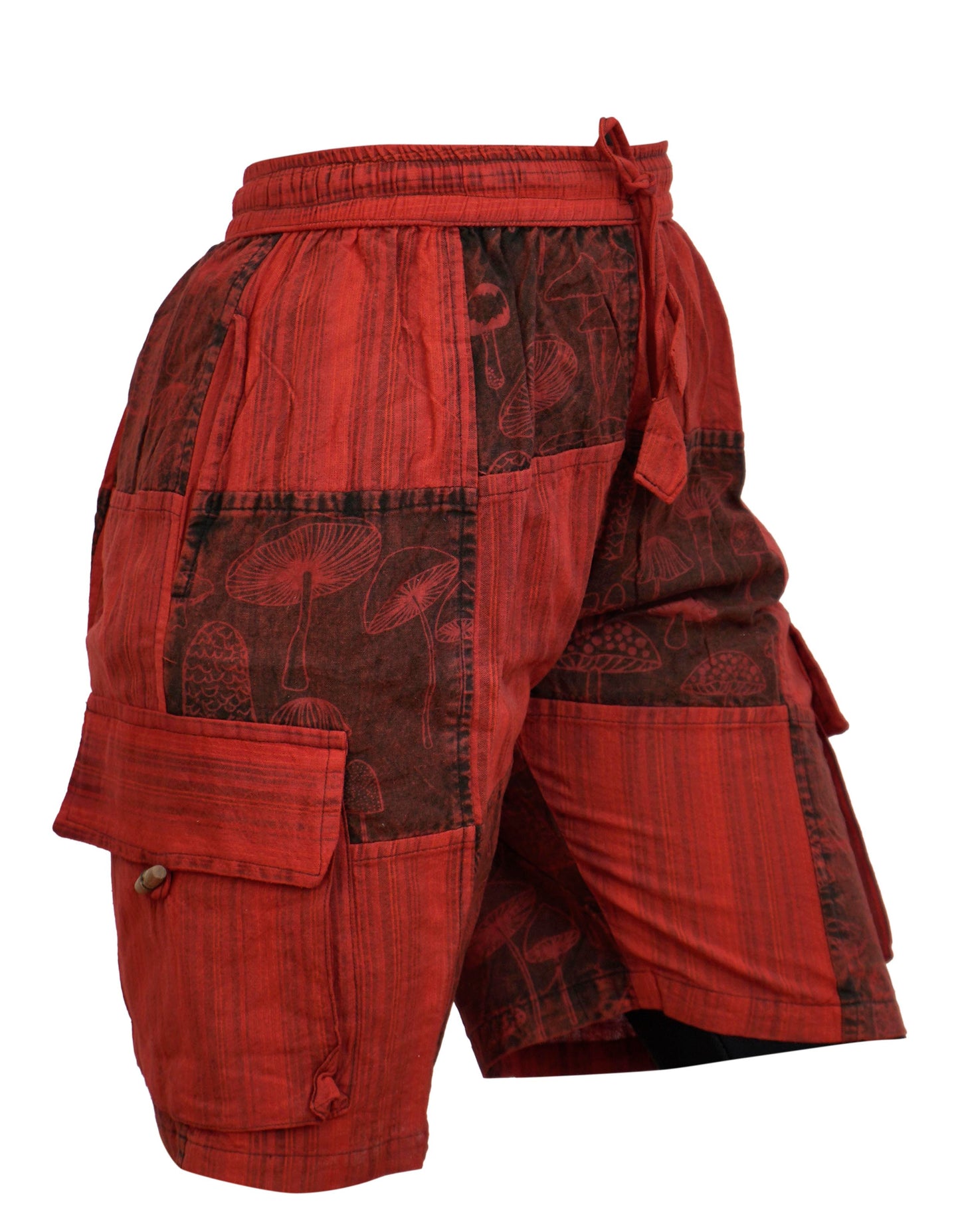 MENS PATCHWORK MUSHROOM PRINT HIPPIE BOHO CARGO SHORTS WITH POCKETS