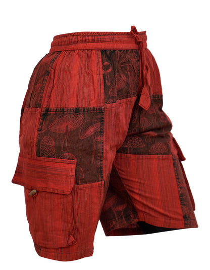 MENS PATCHWORK MUSHROOM PRINT HIPPIE BOHO CARGO SHORTS WITH POCKETS