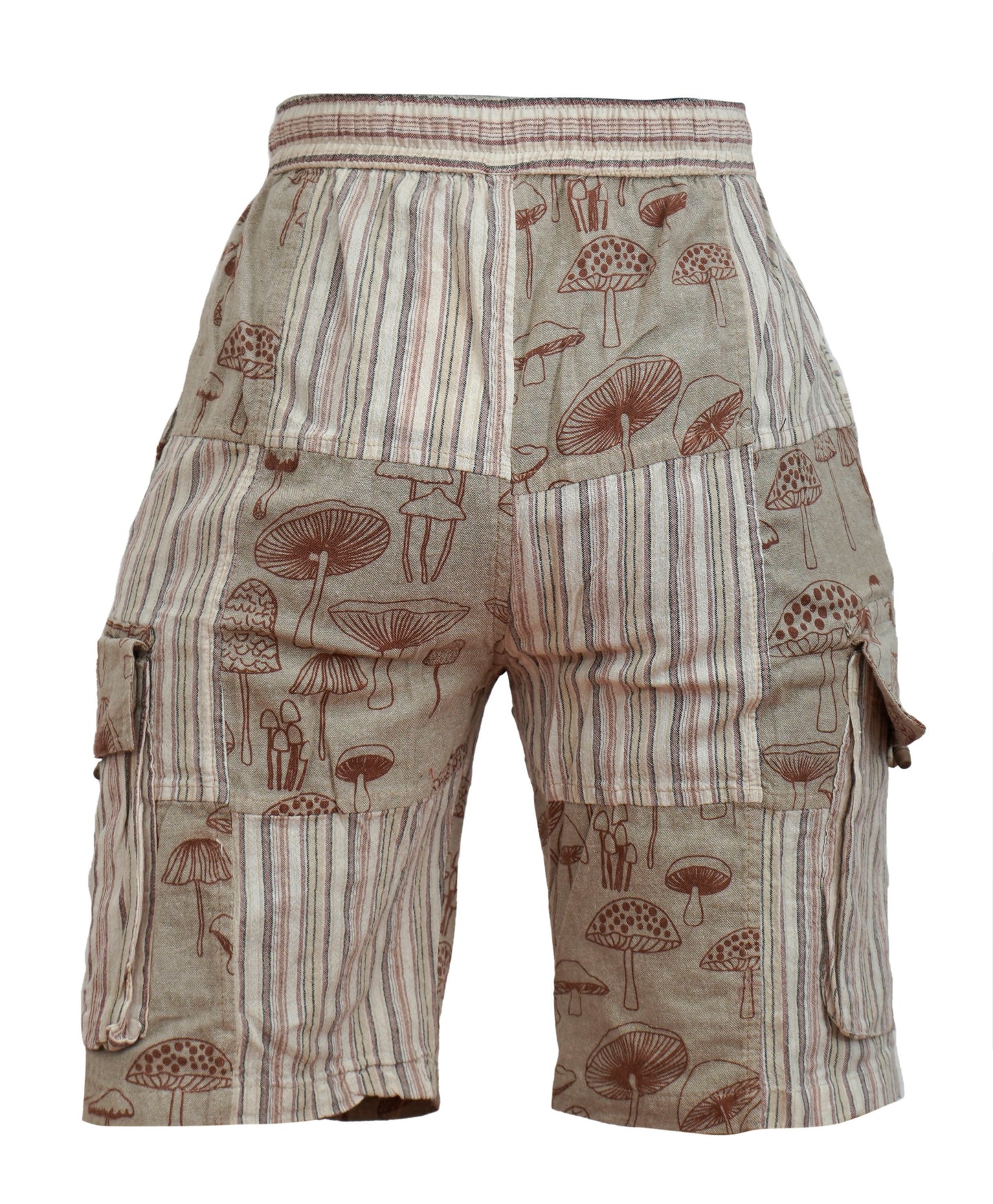 MENS PATCHWORK MUSHROOM PRINT HIPPIE BOHO CARGO SHORTS WITH POCKETS