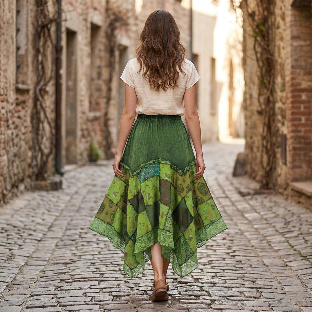 Women’s Cotton Boho Patchwork Floral Print Lace Trim Detail Hippie Maxi Skirt