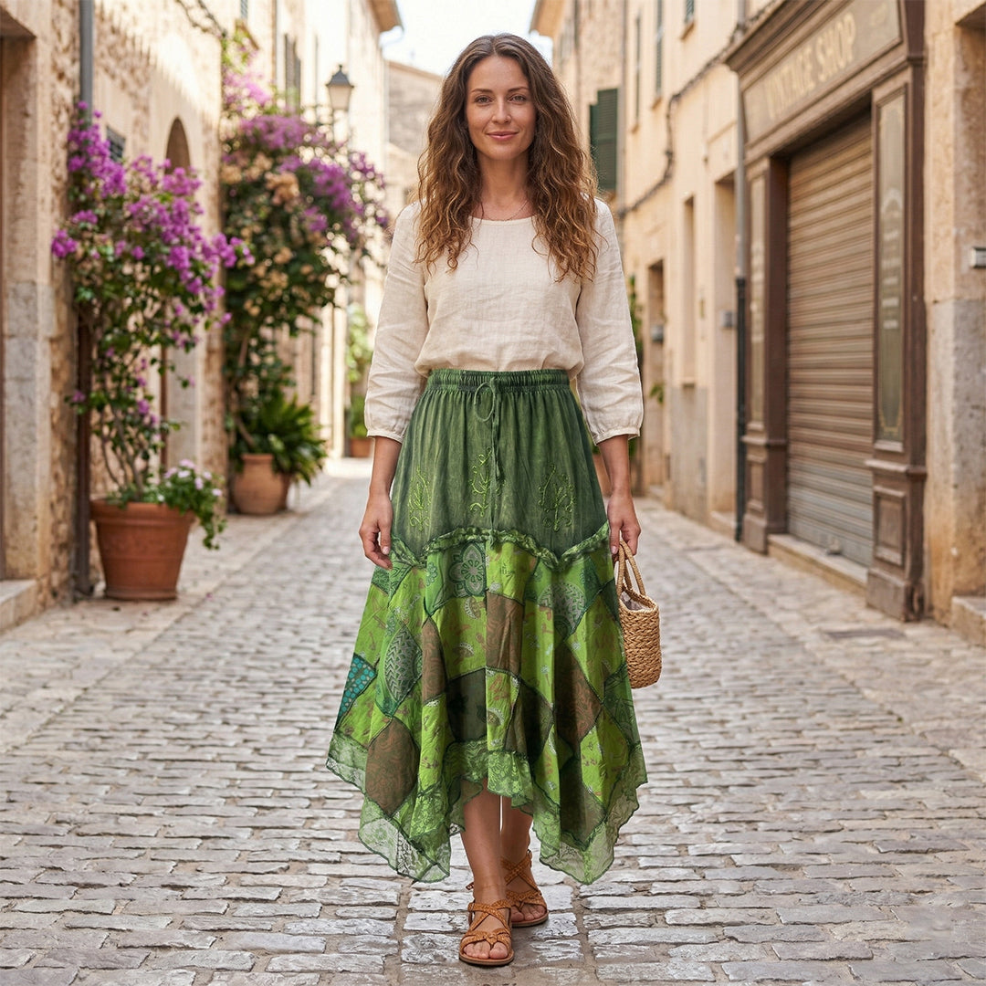 Women’s Cotton Boho Patchwork Floral Print Lace Trim Detail Hippie Maxi Skirt