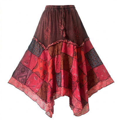 Women’s Cotton Boho Patchwork Floral Print Lace Trim Detail Hippie Maxi Skirt