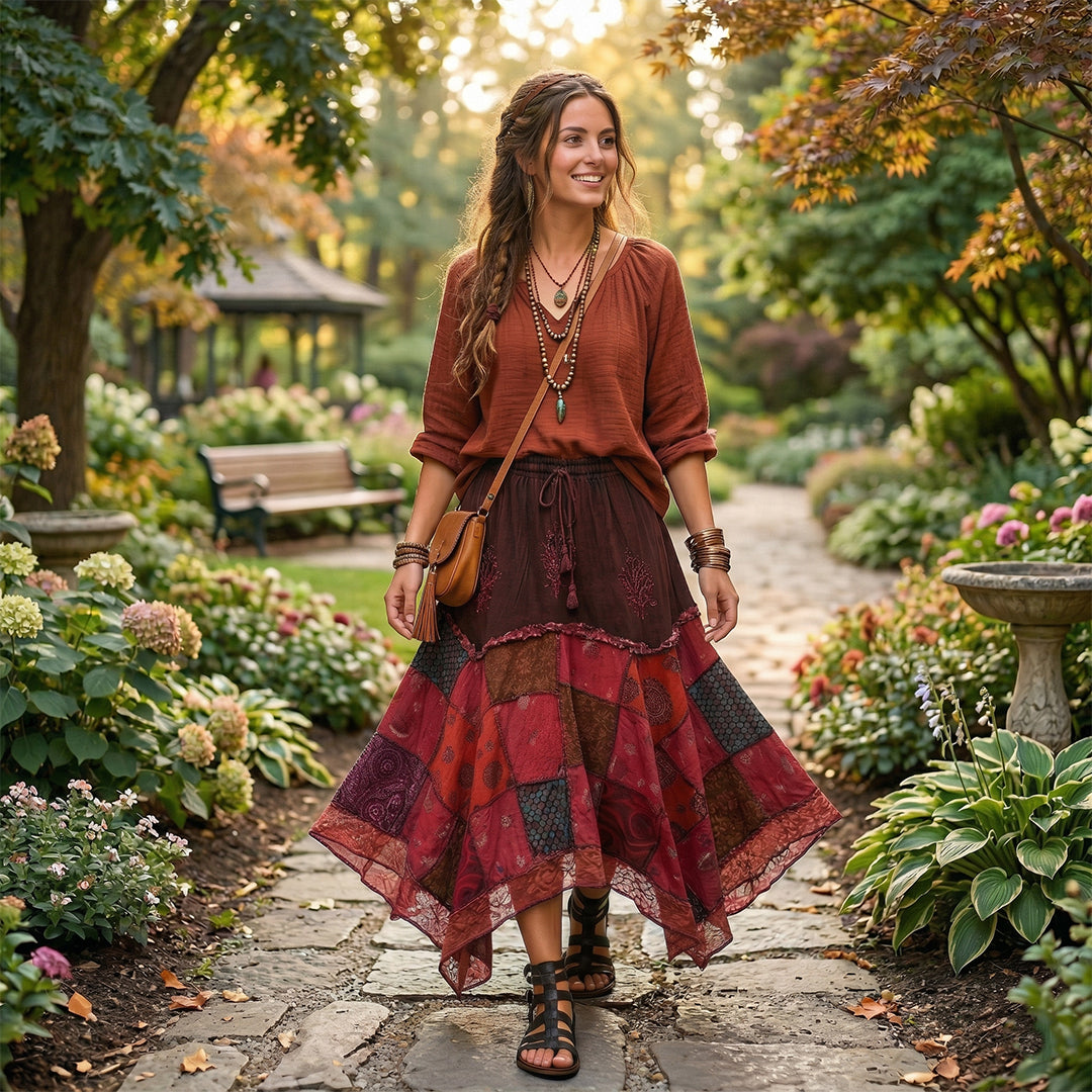 Women’s Cotton Boho Patchwork Floral Print Lace Trim Detail Hippie Maxi Skirt
