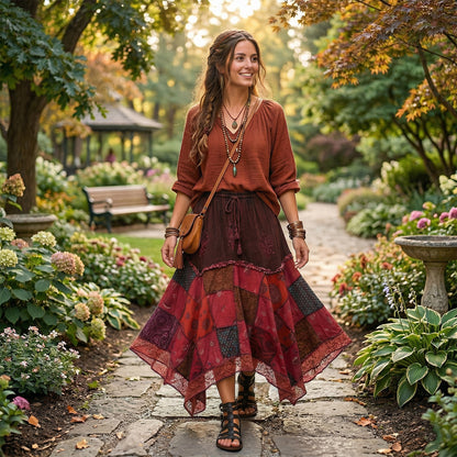 Women’s Cotton Boho Patchwork Floral Print Lace Trim Detail Hippie Maxi Skirt