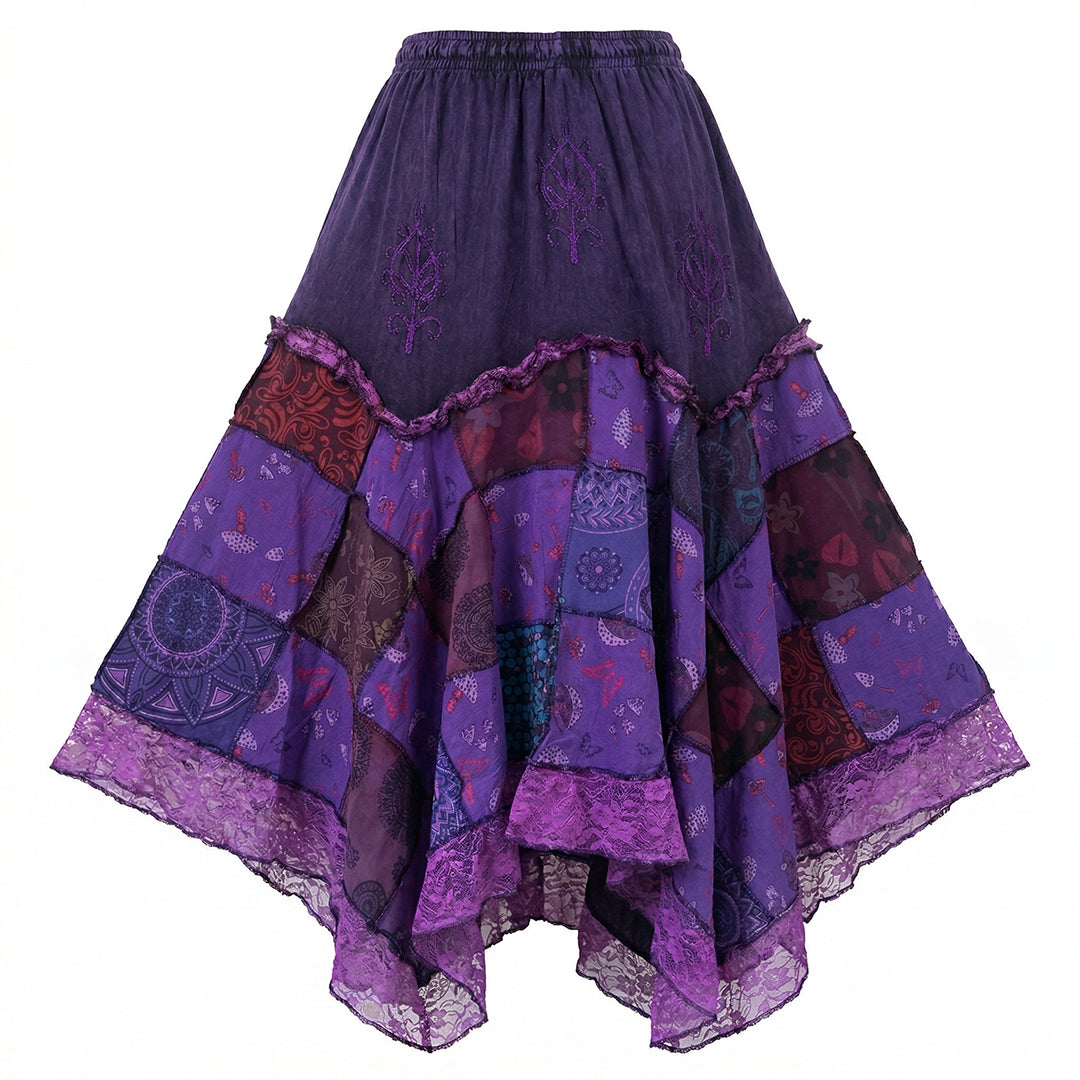 Women’s Cotton Boho Patchwork Floral Print Lace Trim Detail Hippie Maxi Skirt