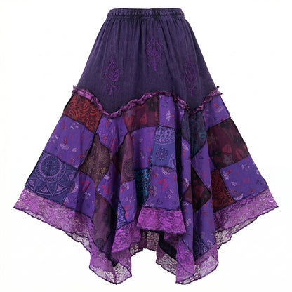 Women’s Cotton Boho Patchwork Floral Print Lace Trim Detail Hippie Maxi Skirt