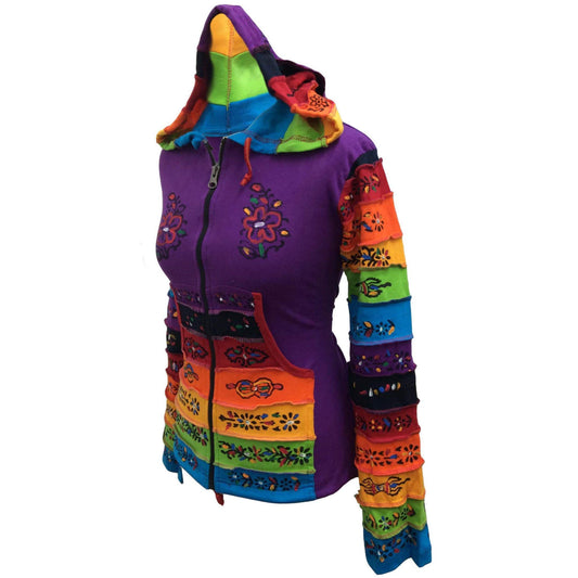 WOMEN RAINBOW FLOWER PATCH LONG SLEEVE HIPPIE PIXIE HOODIE JACKET