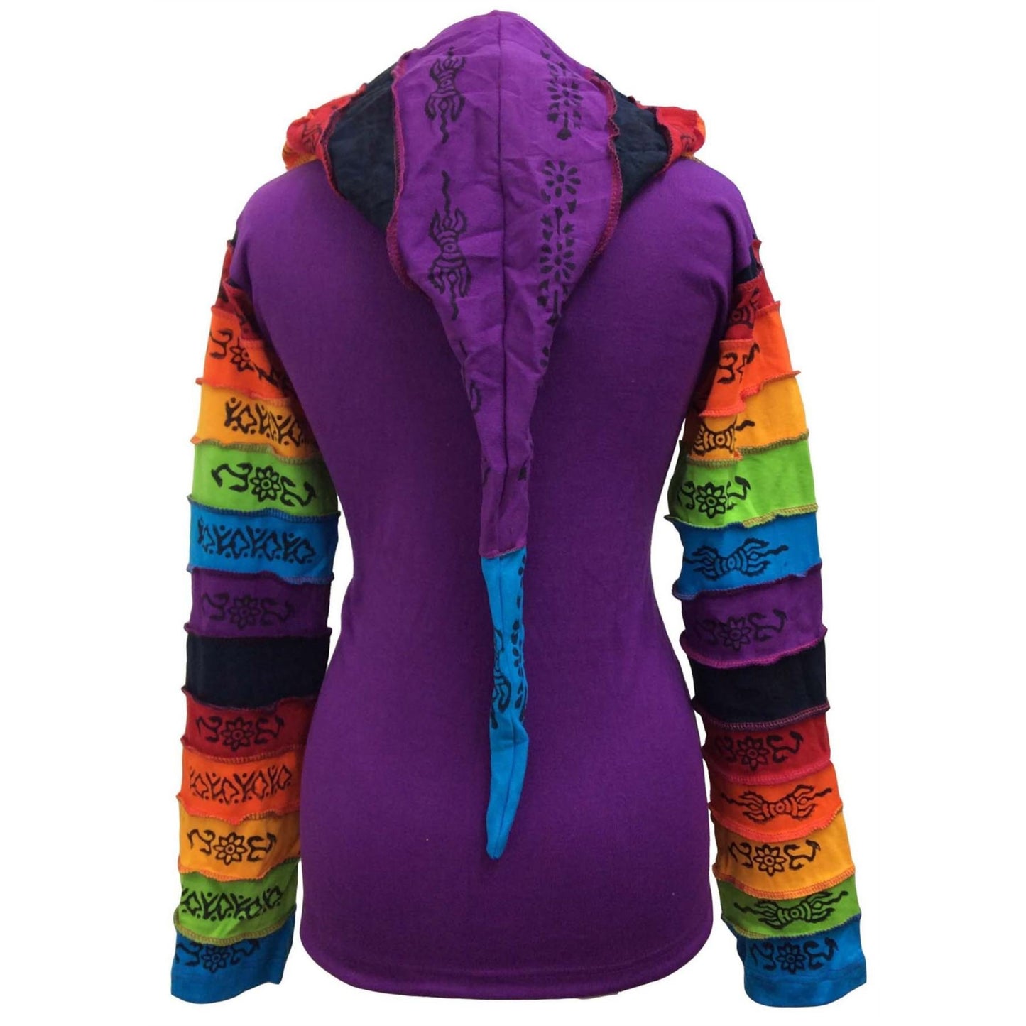 WOMEN RAINBOW FLOWER PATCH LONG SLEEVE HIPPIE PIXIE HOODIE JACKET