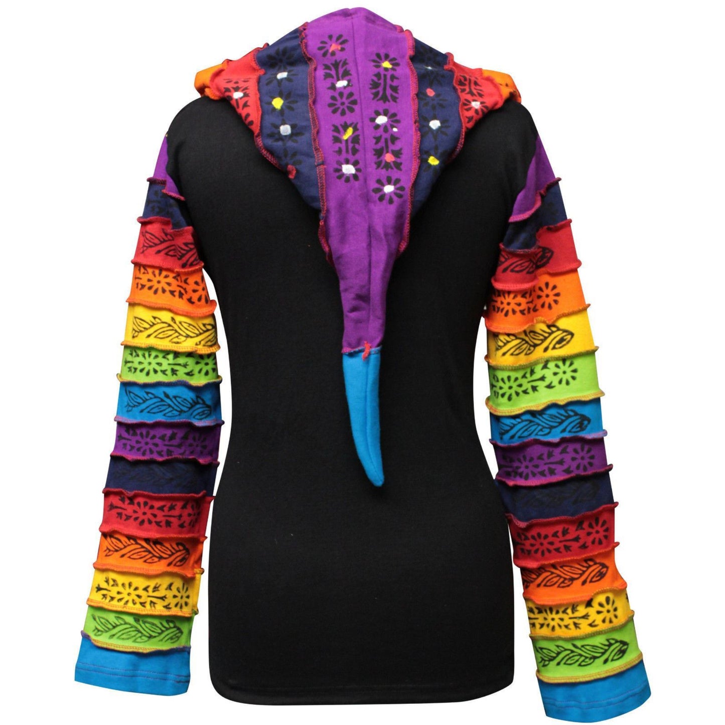 WOMEN RAINBOW FLOWER PATCH LONG SLEEVE HIPPIE PIXIE HOODIE JACKET