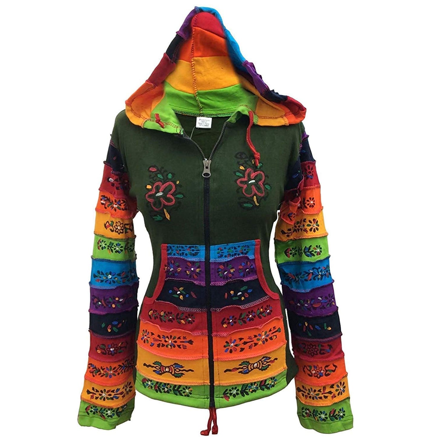 WOMEN RAINBOW FLOWER PATCH LONG SLEEVE HIPPIE PIXIE HOODIE JACKET