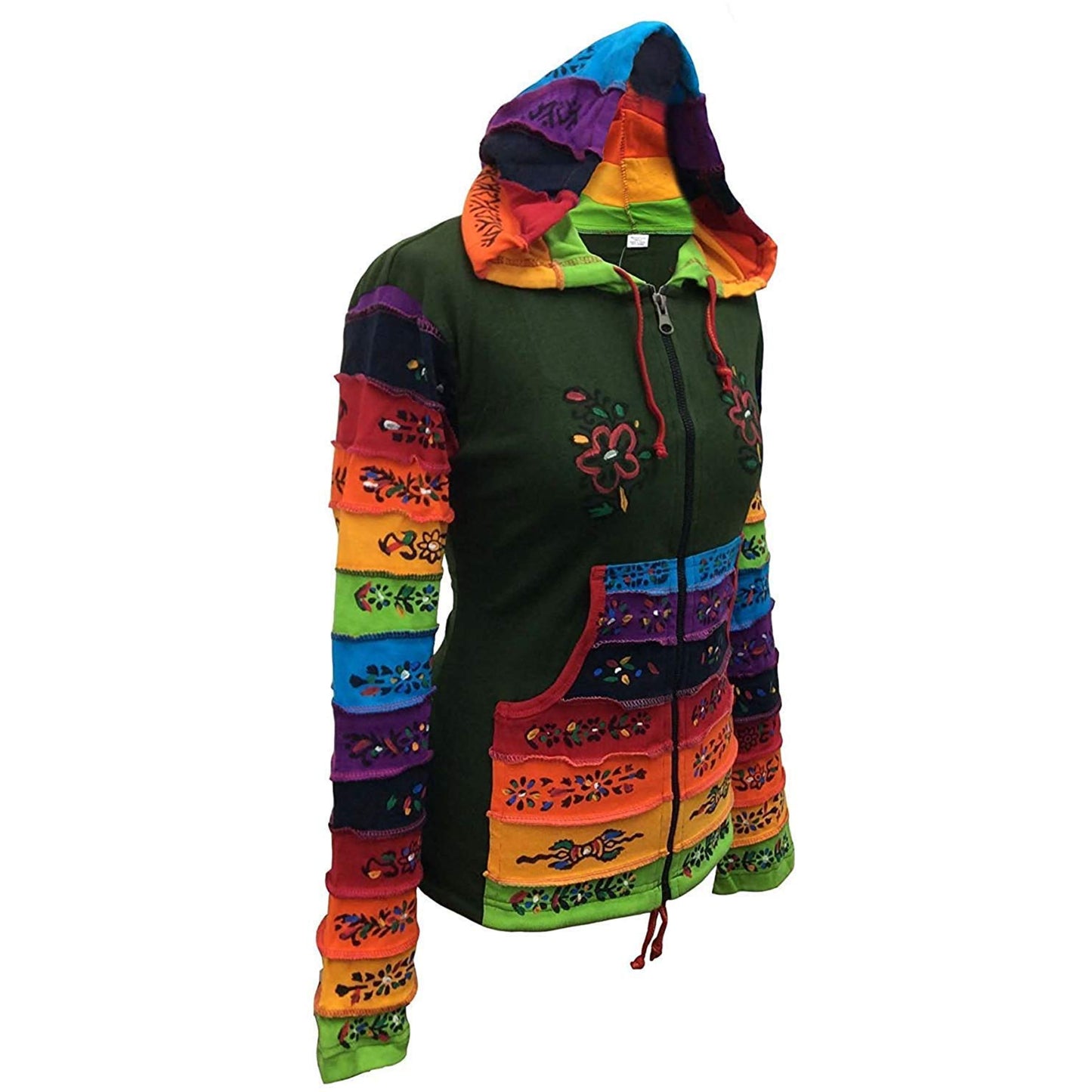 WOMEN RAINBOW FLOWER PATCH LONG SLEEVE HIPPIE PIXIE HOODIE JACKET