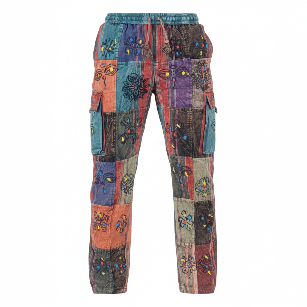 Unisex Hippie Patchwork Cargo Pants Elastic Waist Boho Festival Trousers