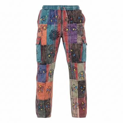 Unisex Hippie Patchwork Cargo Pants Elastic Waist Boho Festival Trousers