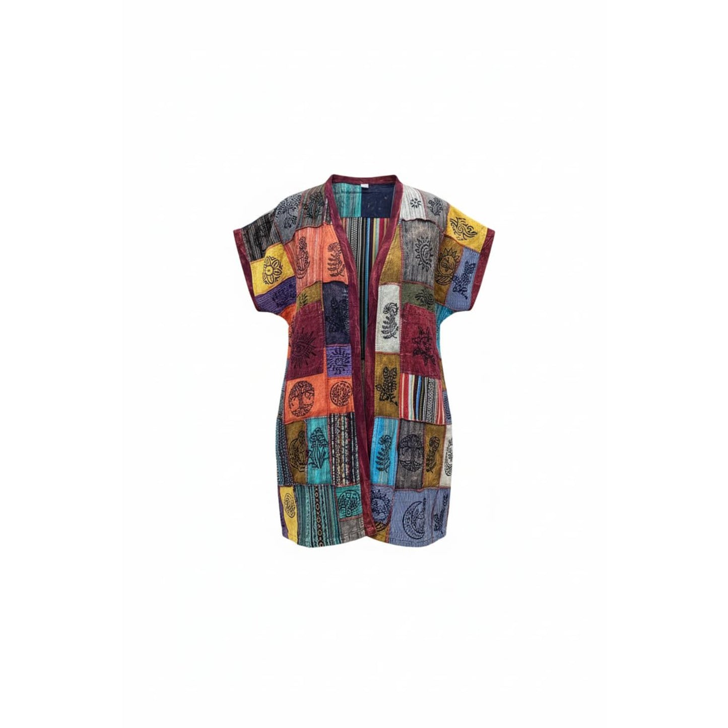 Women's Handmade Patchwork Cotton Short Sleeve Open Front Boho Lightweight Festival Hippie Summer Shirt