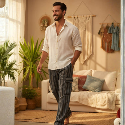 Men Stripes Wide Leg Hippie Multicolour Boho Festival Cargo Trousers, Casual Combat Pants
