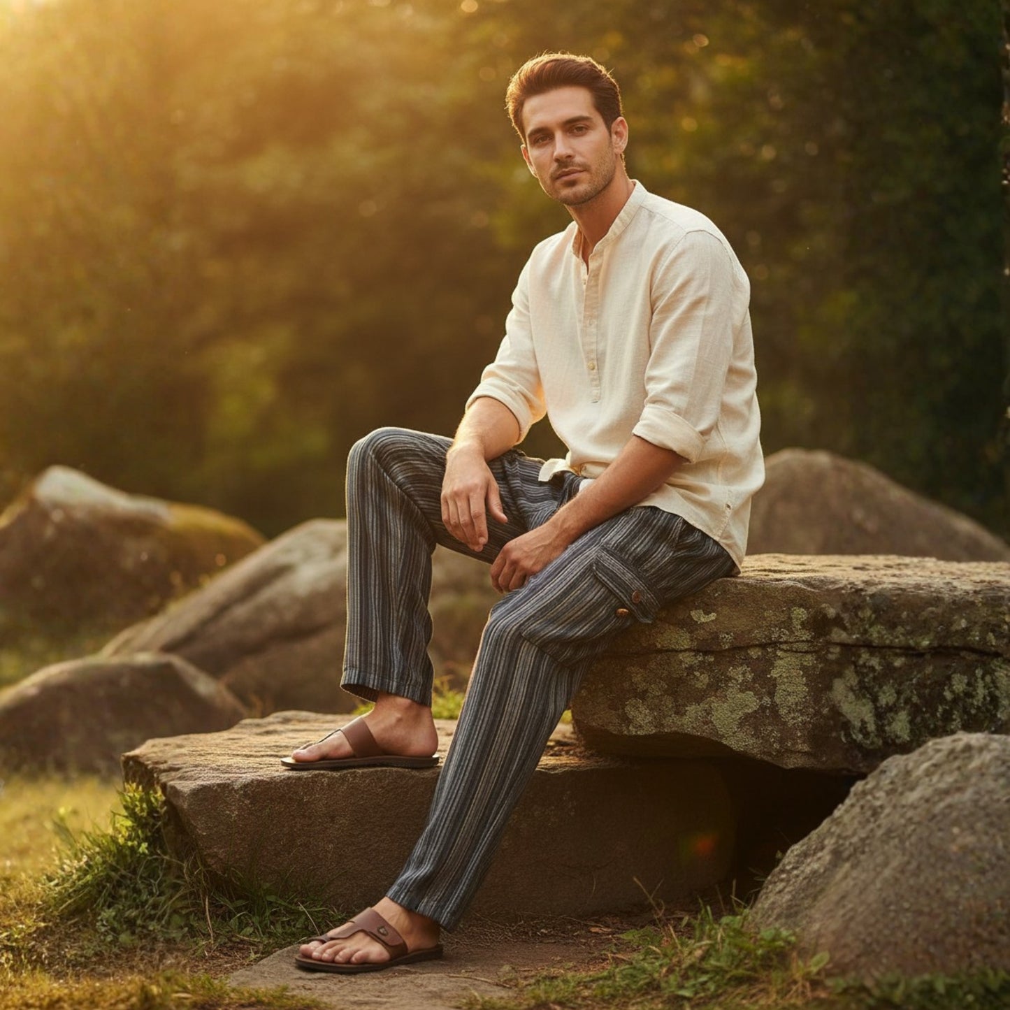 Men Stripes Wide Leg Hippie Multicolour Boho Festival Cargo Trousers, Casual Combat Pants