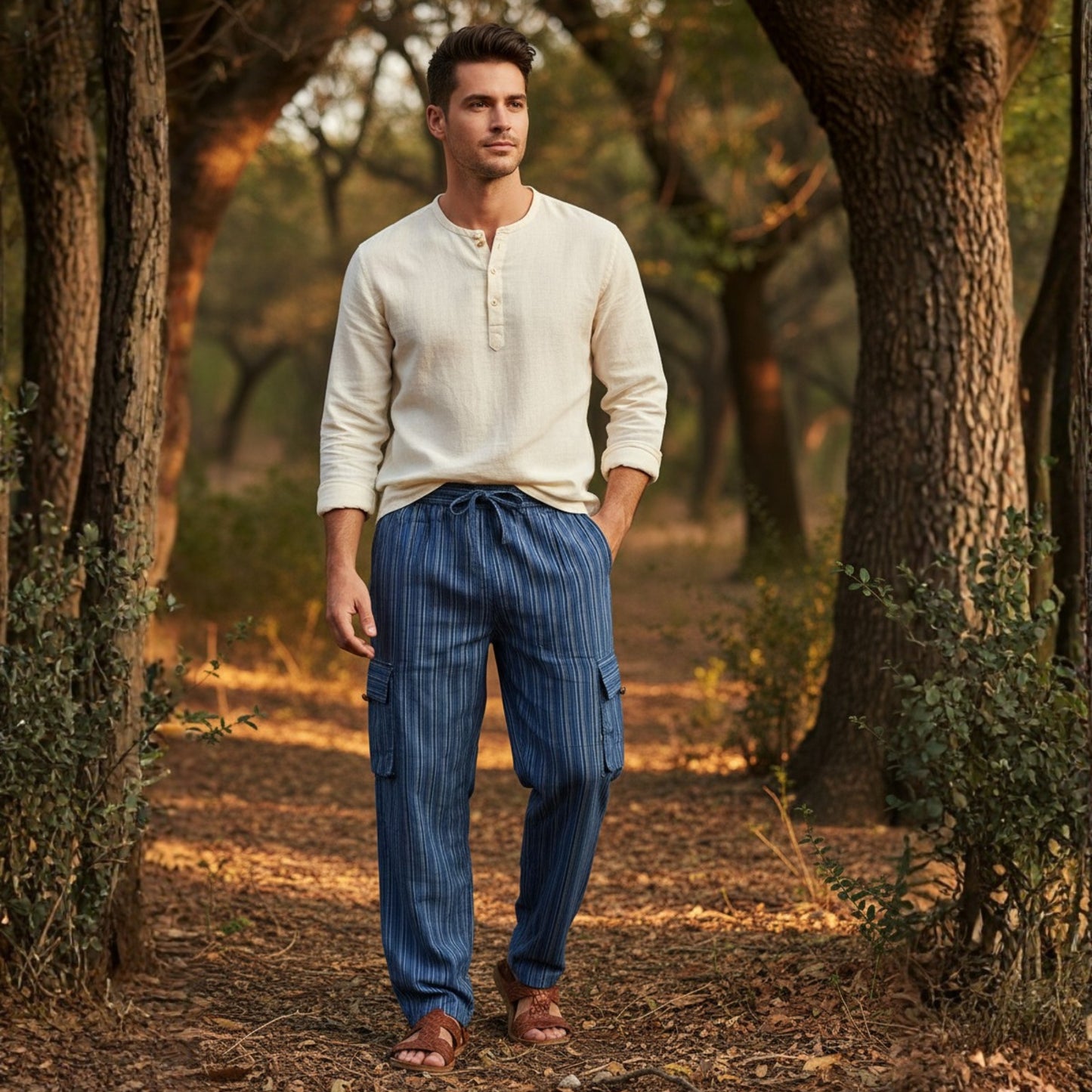 Men Stripes Wide Leg Hippie Multicolour Boho Festival Cargo Trousers, Casual Combat Pants