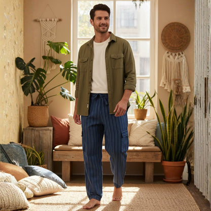 Men Stripes Wide Leg Hippie Multicolour Boho Festival Cargo Trousers, Casual Combat Pants