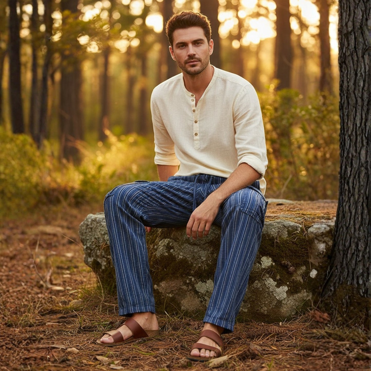 Men Stripes Wide Leg Hippie Multicolour Boho Festival Cargo Trousers, Casual Combat Pants