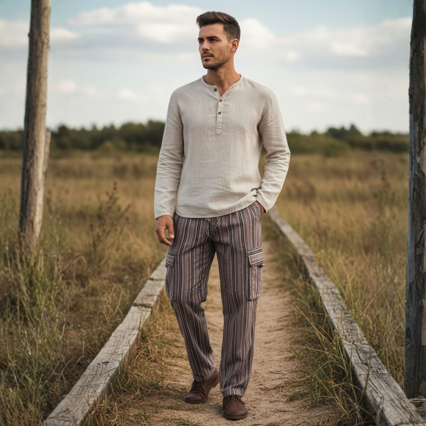Men Stripes Wide Leg Hippie Multicolour Boho Festival Cargo Trousers, Casual Combat Pants