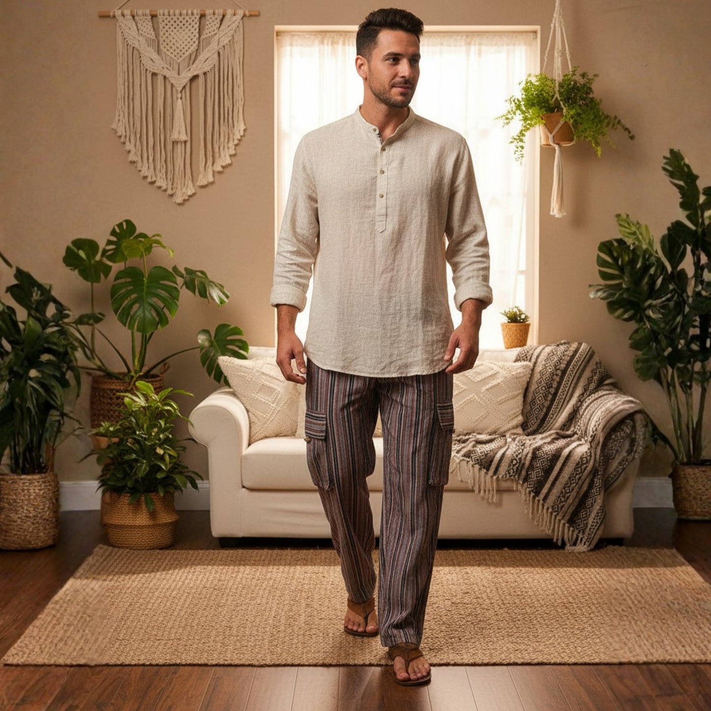 Men Stripes Wide Leg Hippie Multicolour Boho Festival Cargo Trousers, Casual Combat Pants