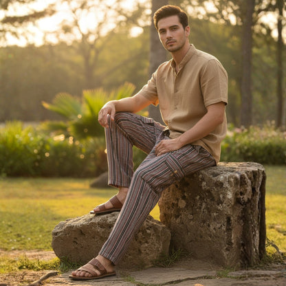 Men Stripes Wide Leg Hippie Multicolour Boho Festival Cargo Trousers, Casual Combat Pants